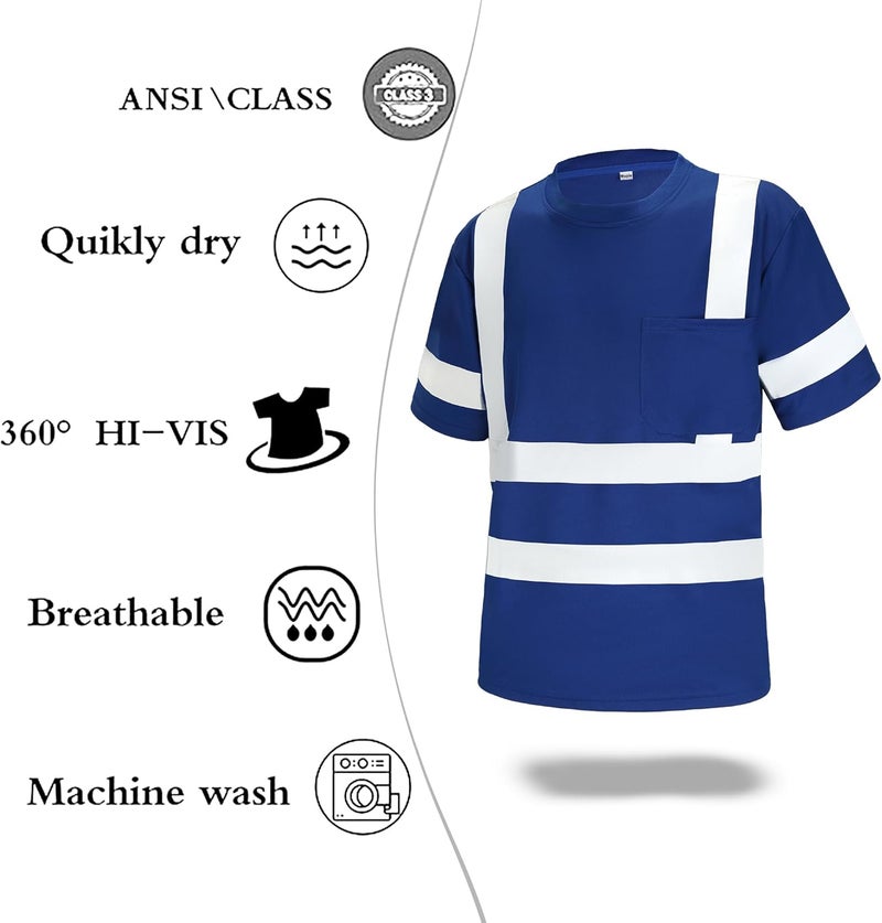 Wuple Store Safety Shirts for Men Construction Short Sleeve Quick Dry with Pocket Workwear, Class 3 High Visibility Shirts with Reflective Strips Blue S - Image 5